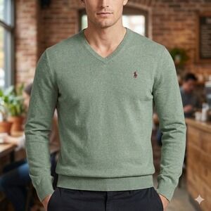 New Polo Ralph Lauren Sweater Mens Large Green Pima Cotton V-Neck Long Sleeve